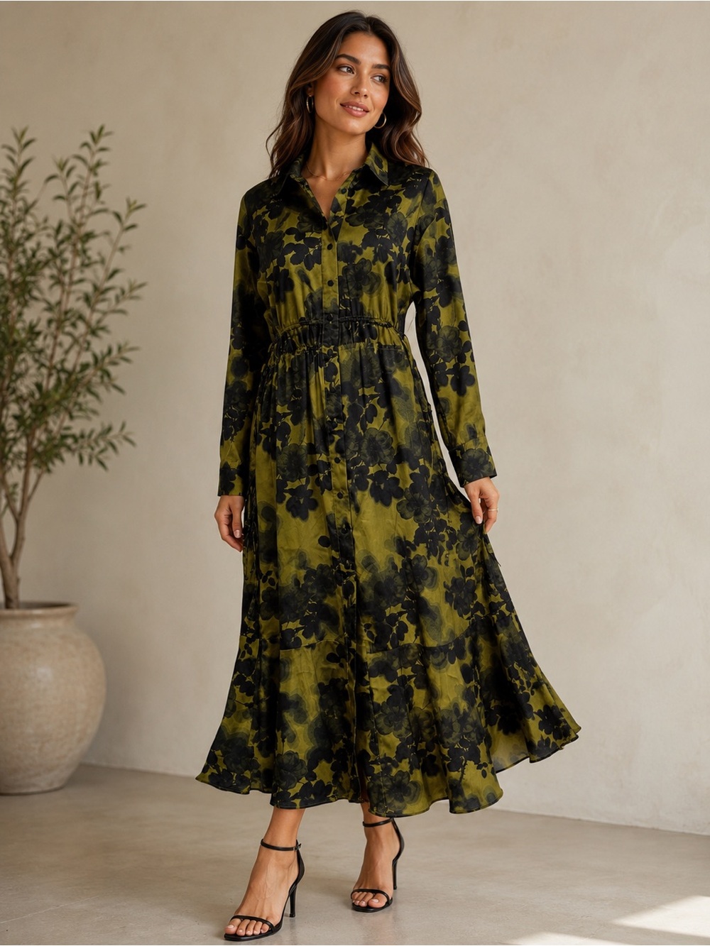 TOPSHOP || Satin Olive & Black Floral Maxi Shirtdress. Sz. 2